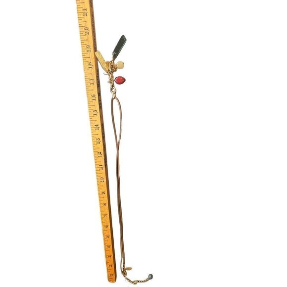 CHICO’S MULTI GEM AND ANTIQUE GOLD PENDANTS ON LONG TAN LEATHER CHAIN NECKLACE - Picture 4 of 8